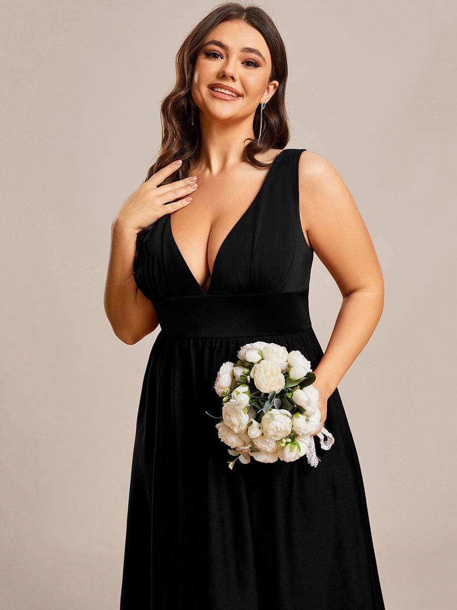 Plus Size Elegant High-Low Sleeveless Empire Waist Birdesmaid Dress #color_Black