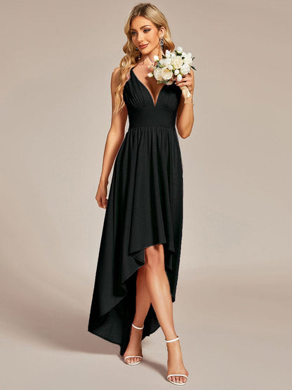 Elegant High-Low Sleeveless Empire Waist Birdesmaid Dress #color_Black