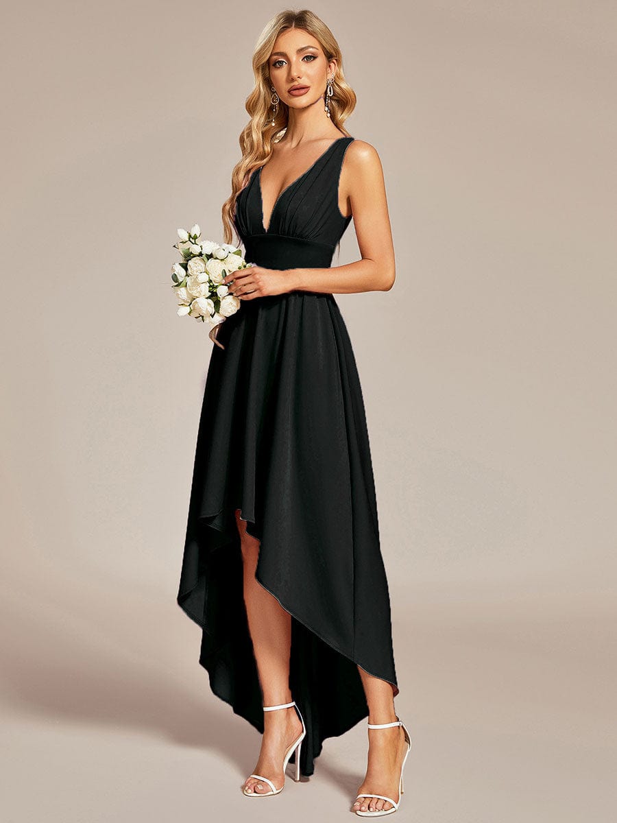 Elegant High-Low Sleeveless Empire Waist Birdesmaid Dress #color_Black