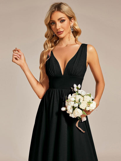 Elegant High-Low Sleeveless Empire Waist Birdesmaid Dress #color_Black