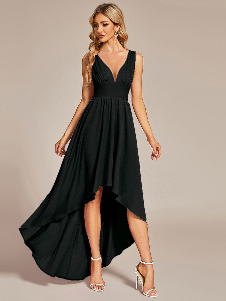 Elegant High-Low Sleeveless Empire Waist Birdesmaid Dress #color_Black