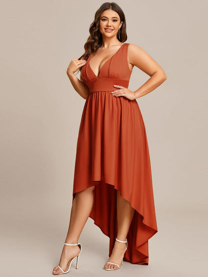 Plus Size Elegant High-Low Sleeveless Empire Waist Birdesmaid Dress #color_Burnt Orange