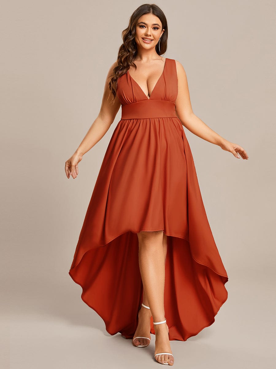 Plus Size Elegant High-Low Sleeveless Empire Waist Birdesmaid Dress #color_Burnt Orange