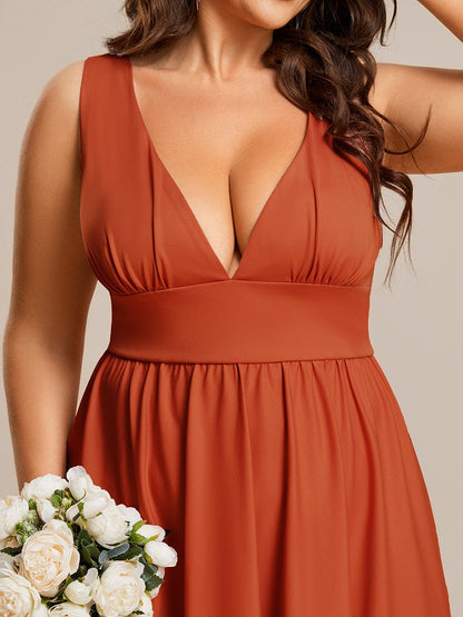 Plus Size Elegant High-Low Sleeveless Empire Waist Birdesmaid Dress #color_Burnt Orange