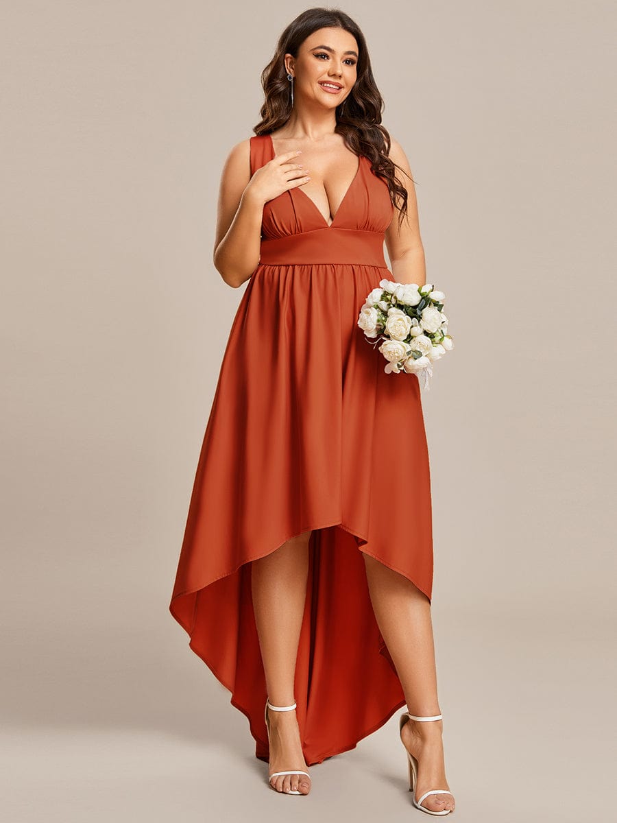 Plus Size Elegant High-Low Sleeveless Empire Waist Birdesmaid Dress #color_Burnt Orange