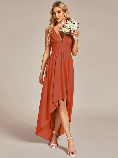 Elegant High-Low Sleeveless Empire Waist Birdesmaid Dress #color_Burnt Orange