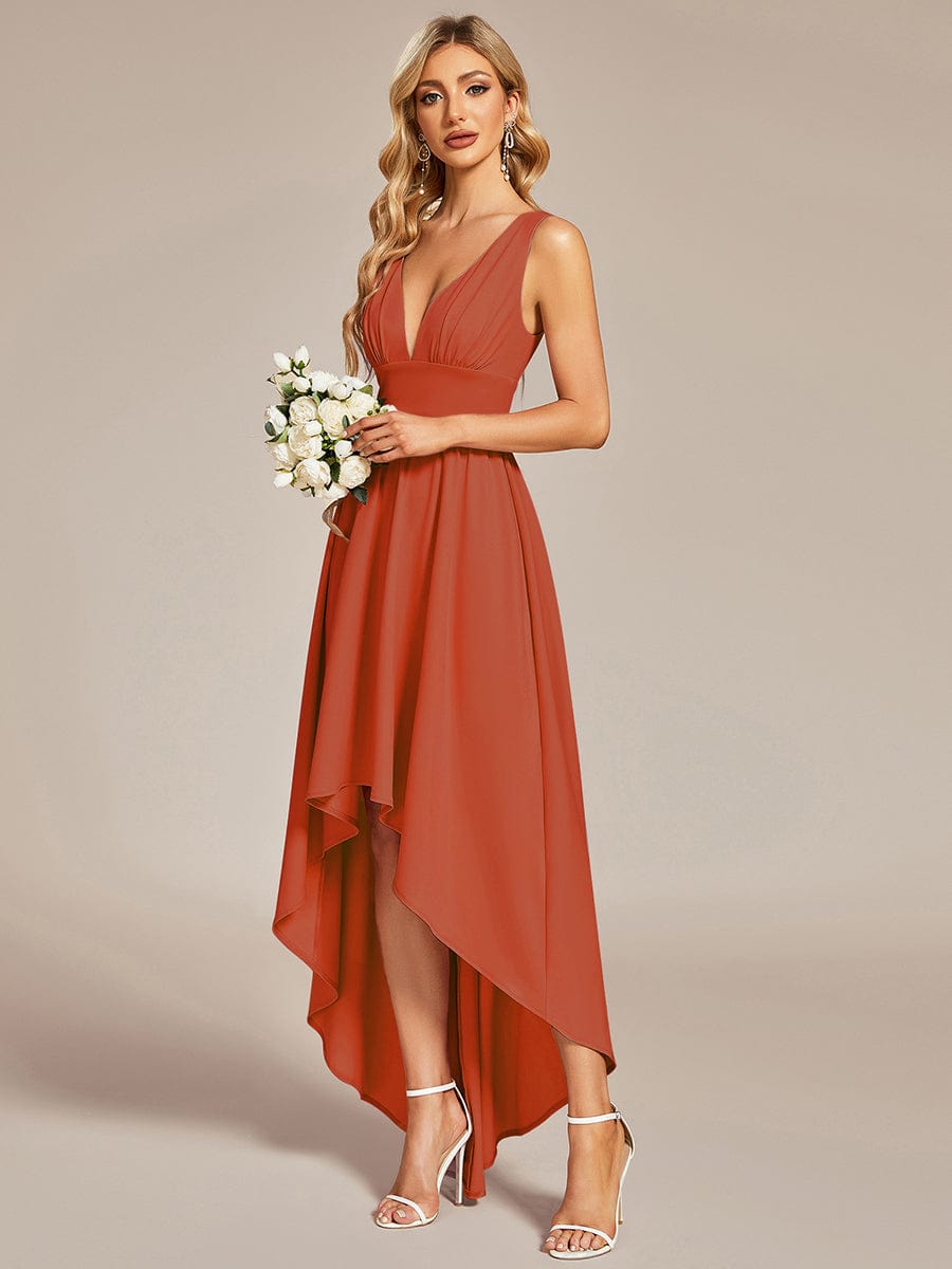 Elegant High-Low Sleeveless Empire Waist Birdesmaid Dress #color_Burnt Orange