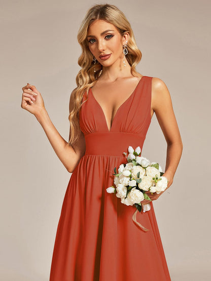 Elegant High-Low Sleeveless Empire Waist Birdesmaid Dress #color_Burnt Orange