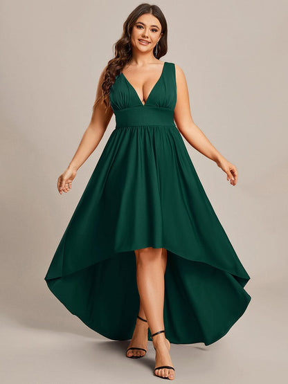 Plus Size Elegant High-Low Sleeveless Empire Waist Birdesmaid Dress #color_Dark Green