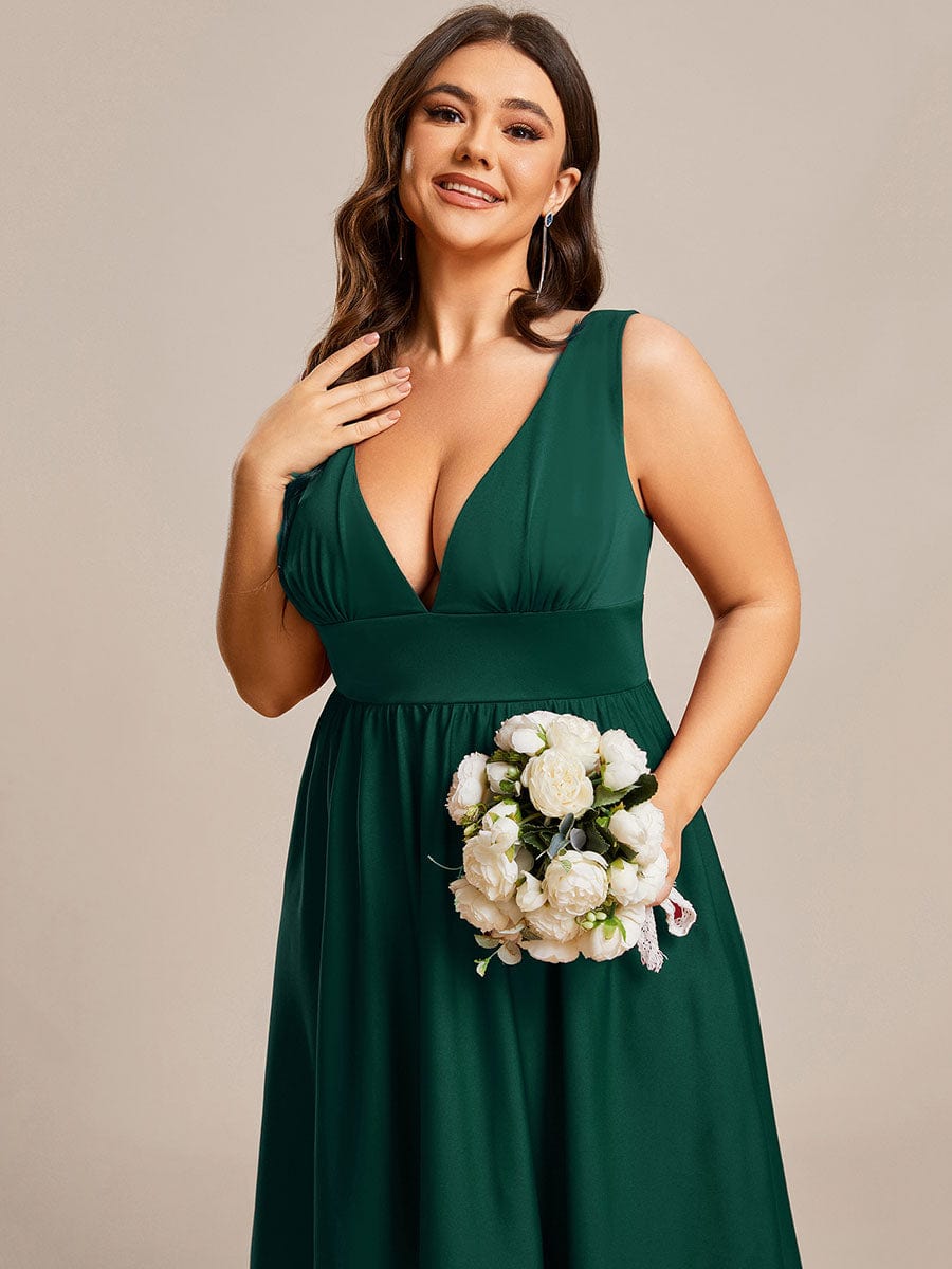 Plus Size Elegant High-Low Sleeveless Empire Waist Birdesmaid Dress #color_Dark Green