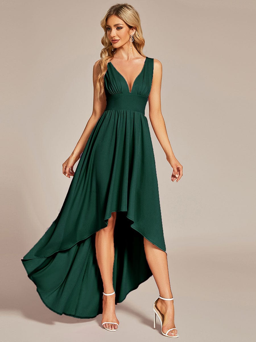 Elegant High-Low Sleeveless Empire Waist Birdesmaid Dress #color_Dark Green