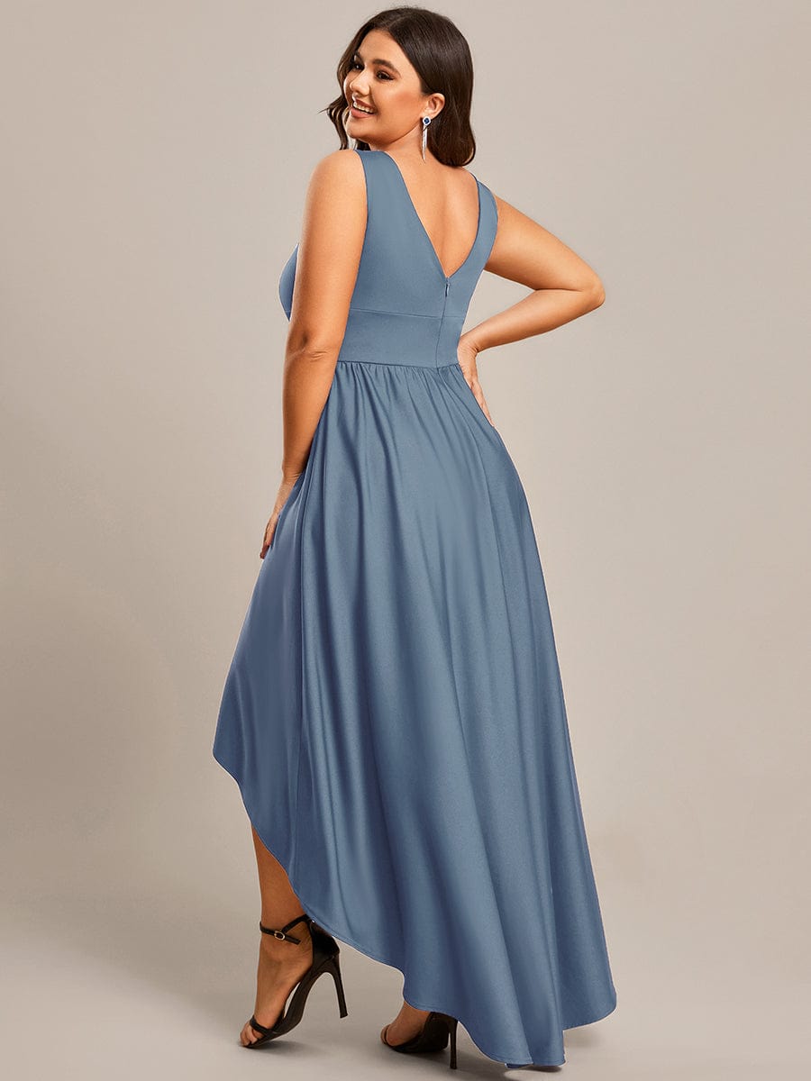 Plus Size Elegant High-Low Sleeveless Empire Waist Birdesmaid Dress #color_Dusty Navy