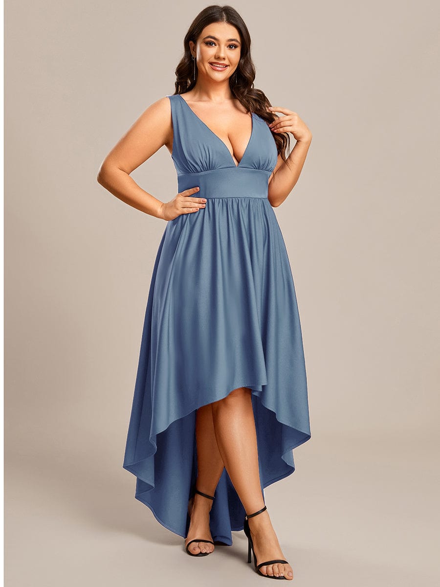 Deep V-Neck High-Low Sleeveless A-Line Wedding Guest Dress #color_Dusty Navy