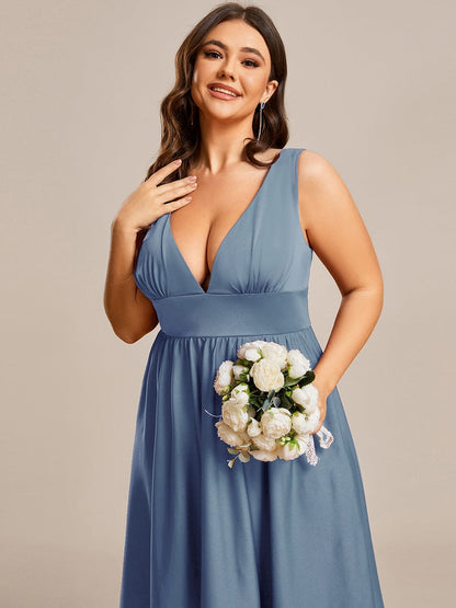 Deep V-Neck High-Low Sleeveless A-Line Wedding Guest Dress #color_Dusty Navy