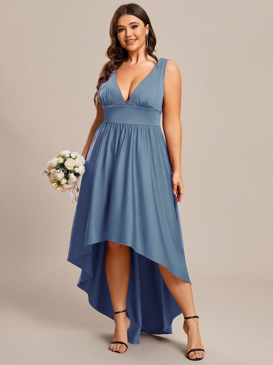 Plus Size Elegant High-Low Sleeveless Empire Waist Birdesmaid Dress #color_Dusty Navy