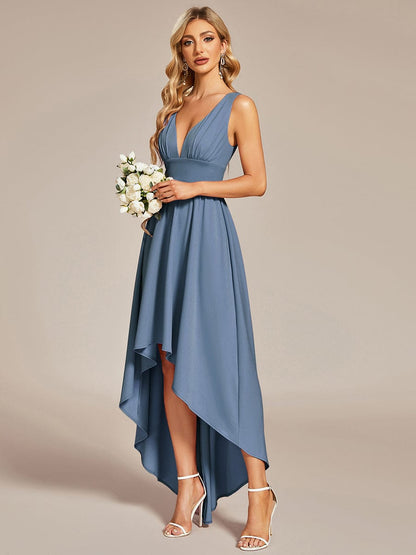 Deep V-Neck High-Low Sleeveless A-Line Wedding Guest Dress #color_Dusty Navy