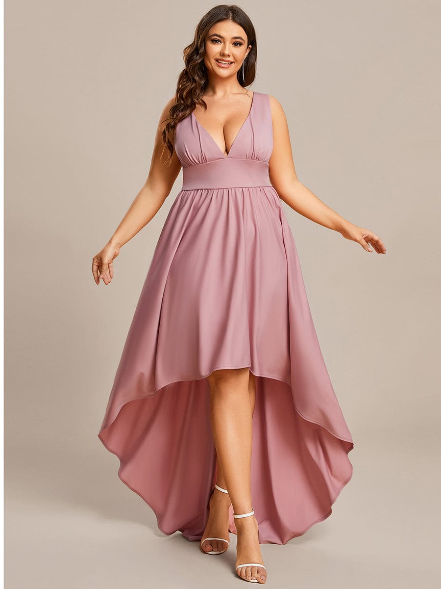 Plus Size Elegant High-Low Sleeveless Empire Waist Birdesmaid Dress #color_Dusty Rose