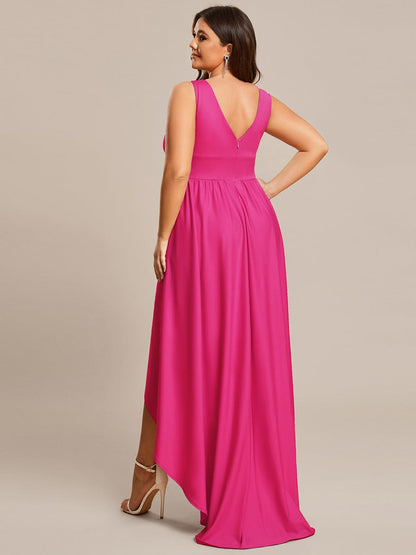 Plus Size Elegant High-Low Sleeveless Empire Waist Birdesmaid Dress #color_Hot Pink