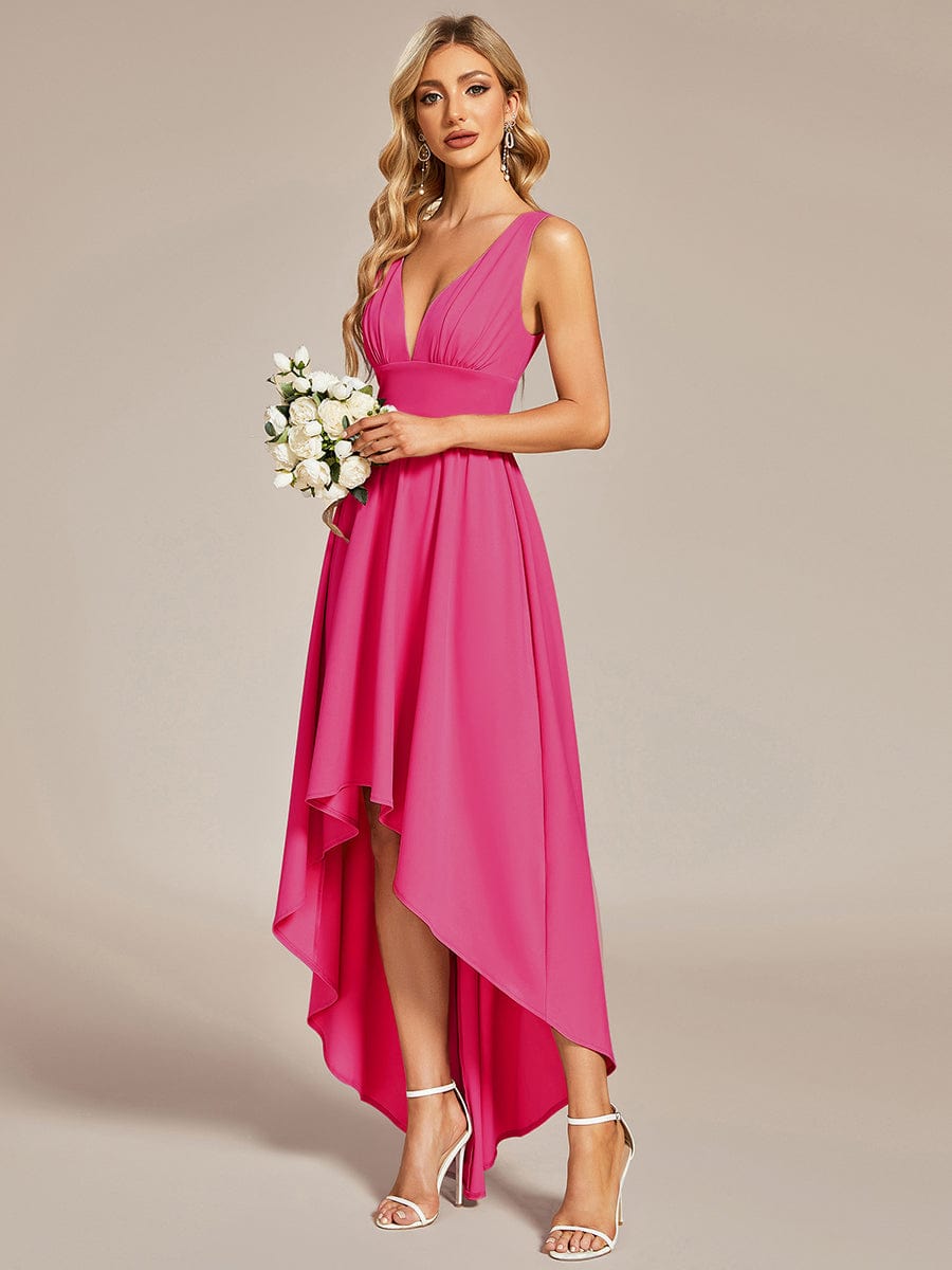 Elegant High-Low Sleeveless Empire Waist Birdesmaid Dress #color_Hot Pink