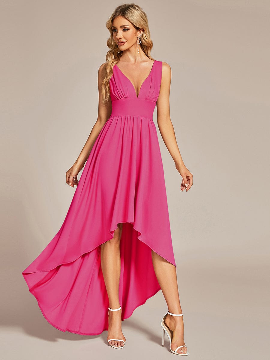 Elegant High-Low Sleeveless Empire Waist Birdesmaid Dress #color_Hot Pink