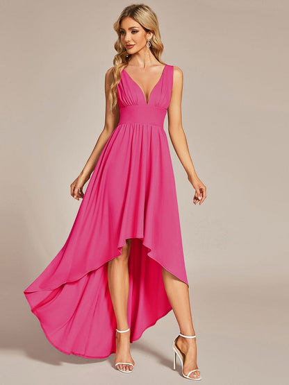 Elegant High-Low Sleeveless Empire Waist Birdesmaid Dress #color_Hot Pink