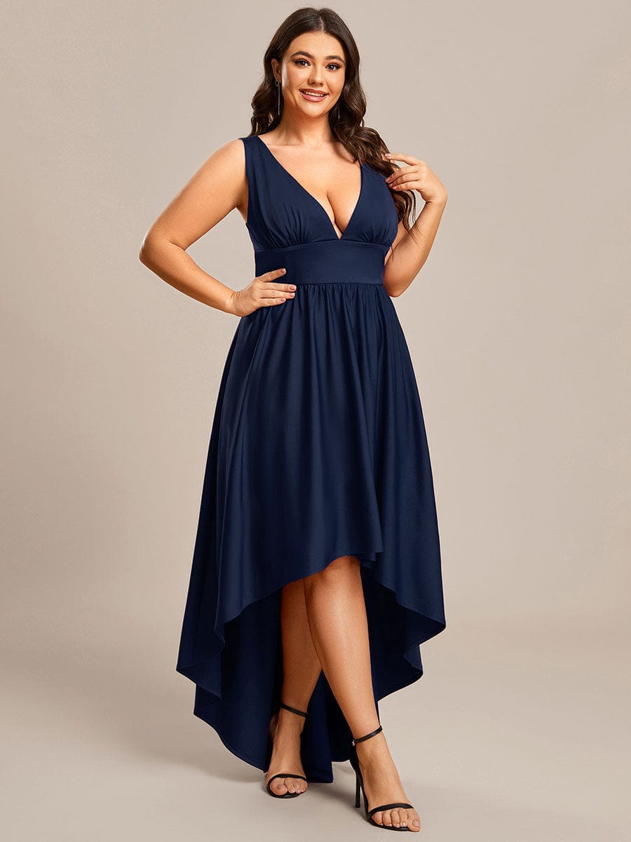 Plus Size Elegant High-Low Sleeveless Empire Waist Birdesmaid Dress #color_Navy Blue