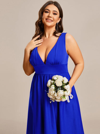 Plus Size Elegant High-Low Sleeveless Empire Waist Birdesmaid Dress #color_Sapphire Blue