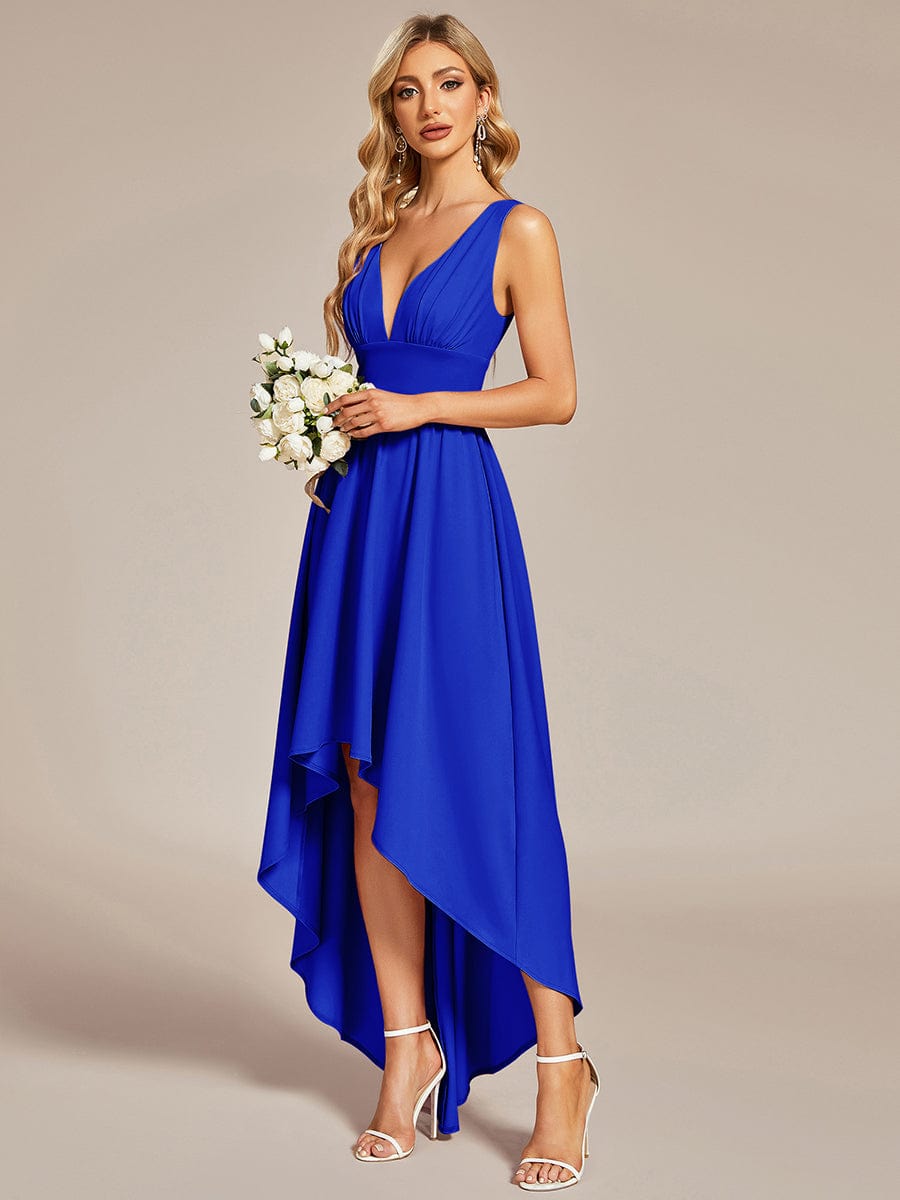 Deep V-Neck High-Low Sleeveless A-Line Wedding Guest Dress #color_Sapphire Blue