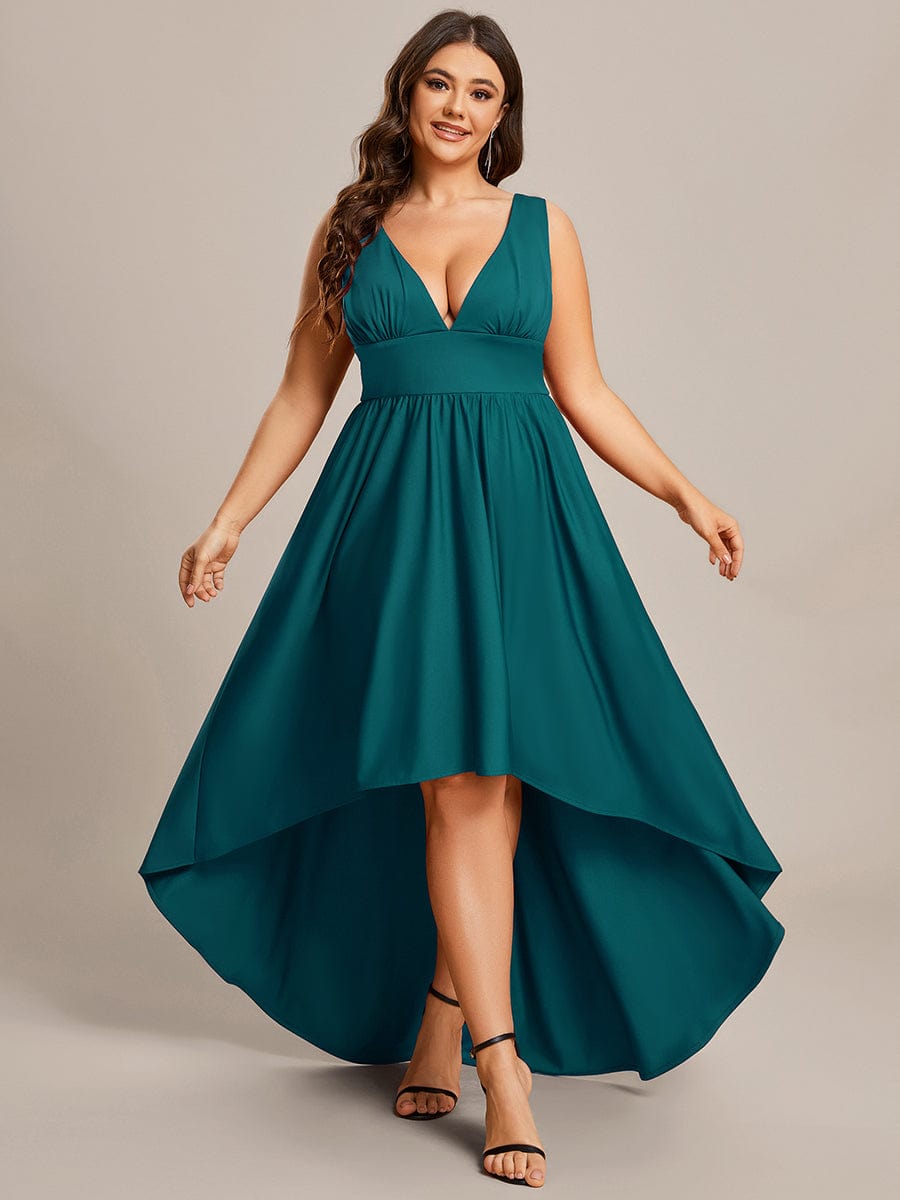 Plus Size Elegant High-Low Sleeveless Empire Waist Birdesmaid Dress #color_Teal