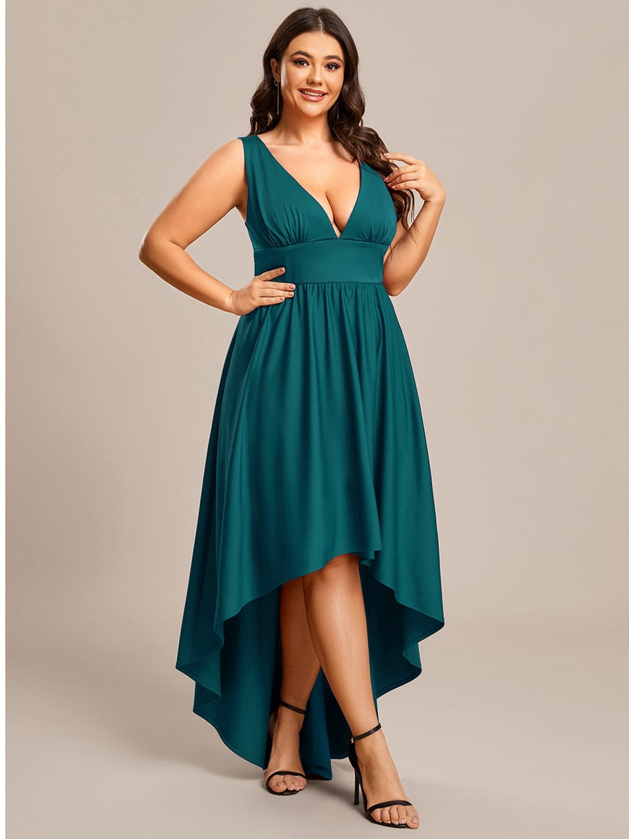 Plus Size Elegant High-Low Sleeveless Empire Waist Birdesmaid Dress #color_Teal