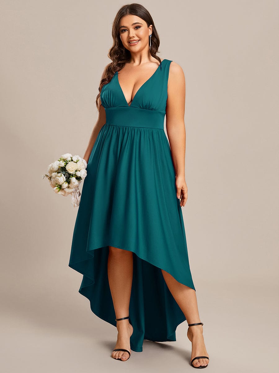 Plus Size Elegant High-Low Sleeveless Empire Waist Birdesmaid Dress #color_Teal