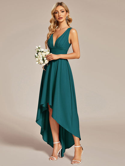 Deep V-Neck High-Low Sleeveless A-Line Wedding Guest Dress