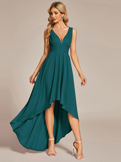 Deep V-Neck High-Low Sleeveless A-Line Wedding Guest Dress #color_Teal