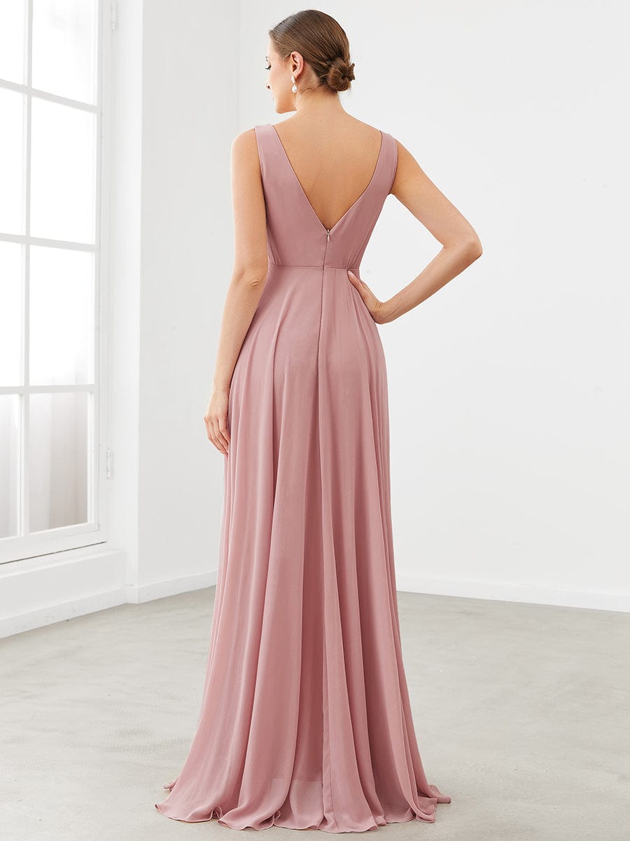 Chiffon Ruffled Hem Front Slit V-Neck Sleeveless Bridesmaid Dress #color_Dusty Rose