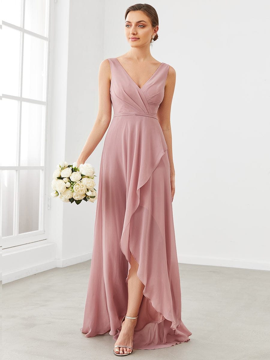 Chiffon Ruffled Hem Front Slit V-Neck Sleeveless Bridesmaid Dress #color_Dusty Rose