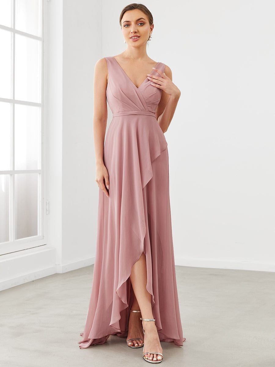 Chiffon Ruffled Hem Front Slit V-Neck Sleeveless Bridesmaid Dress #color_Dusty Rose