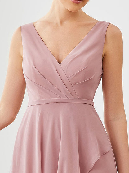 Chiffon Ruffled Hem Front Slit V-Neck Sleeveless Bridesmaid Dress #color_Dusty Rose