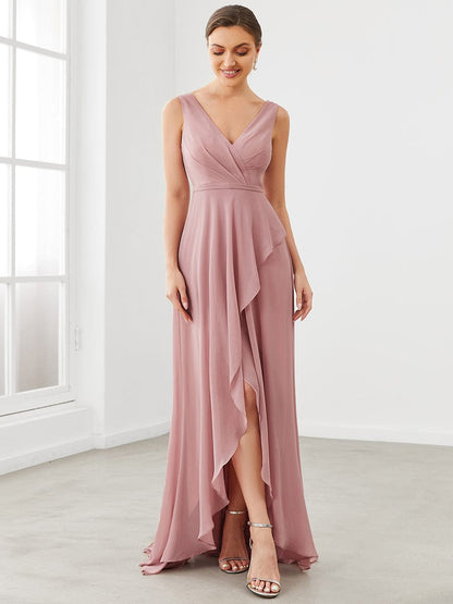 Chiffon Ruffled Hem Front Slit V-Neck Sleeveless Bridesmaid Dress #color_Dusty Rose