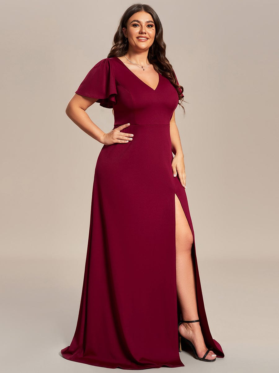 Classical Ruffles Sleeve A-Line Deep V-Neck Front Slit Bridesmaid Dress #color_Burgundy