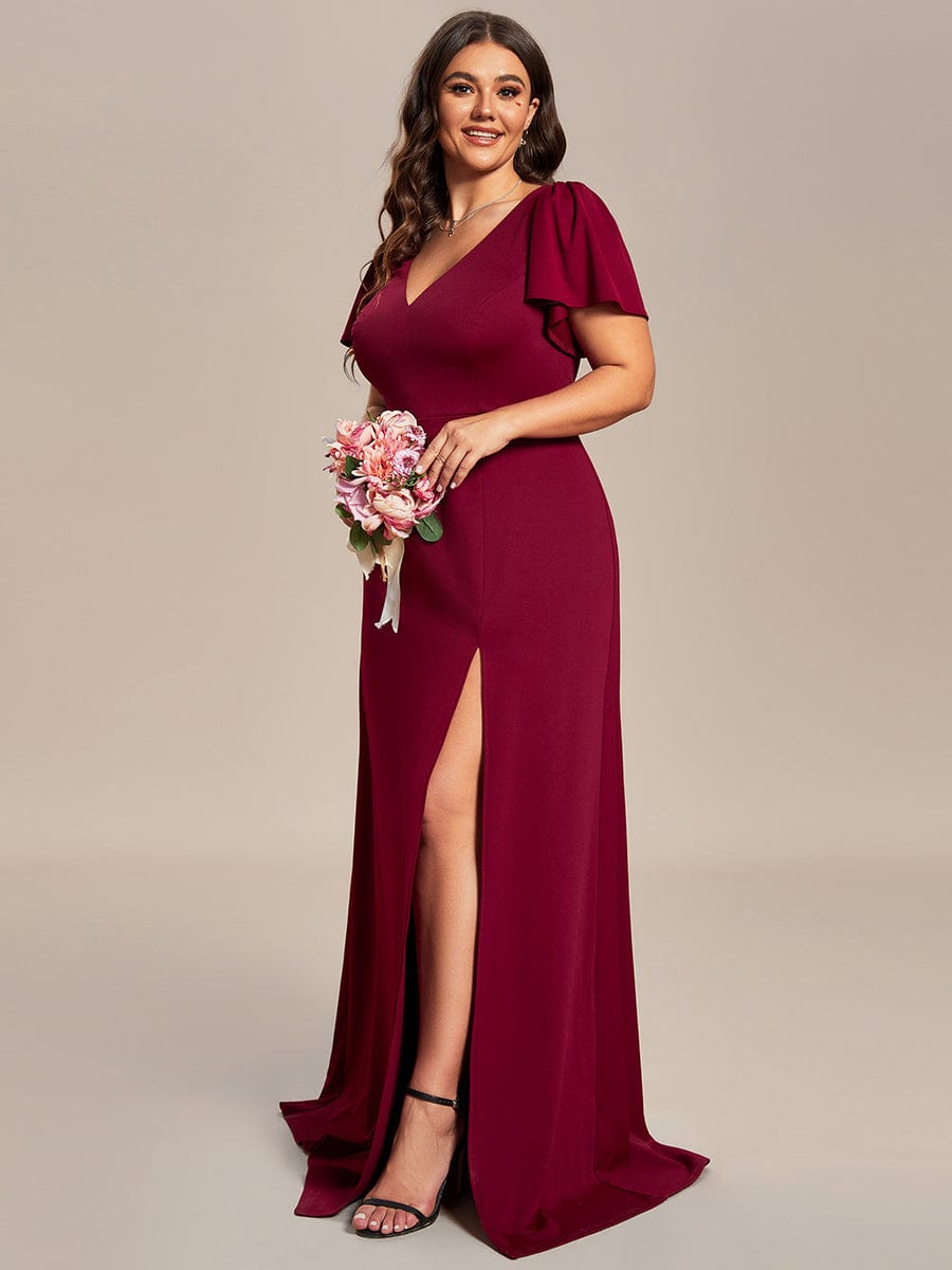 Classical Ruffles Sleeve A-Line Deep V-Neck Front Slit Bridesmaid Dress #color_Burgundy