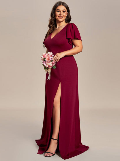 Classical Ruffles Sleeve A-Line Deep V-Neck Front Slit Bridesmaid Dress #color_Burgundy