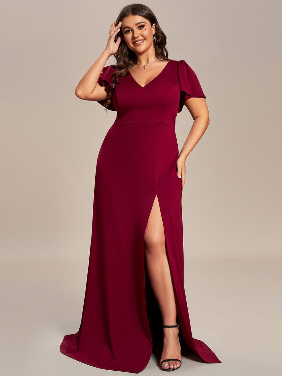 Classical Ruffles Sleeve A-Line Deep V-Neck Front Slit Bridesmaid Dress #color_Burgundy