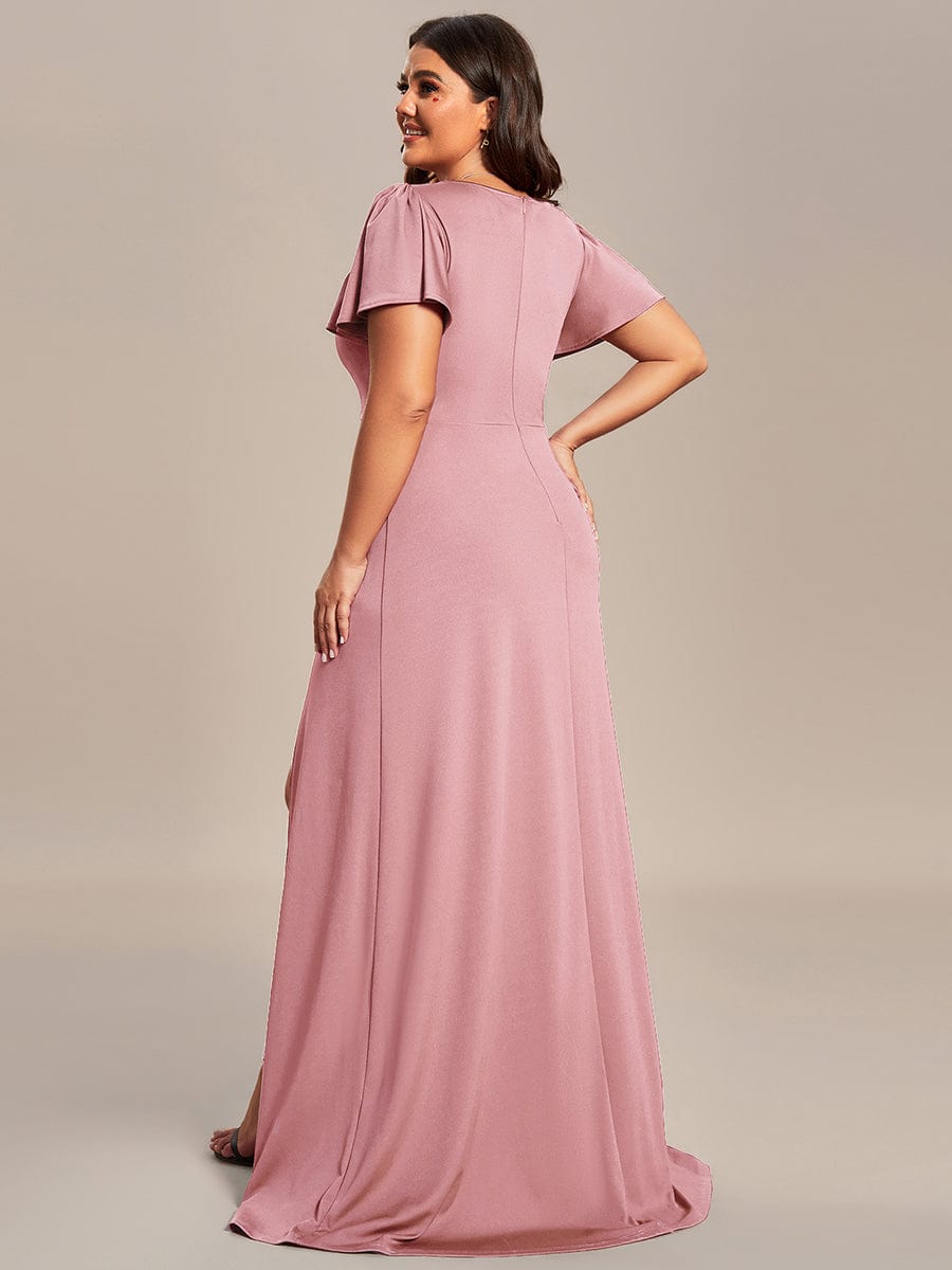 Classical Ruffles Sleeve A-Line Deep V-Neck Front Slit Bridesmaid Dress #color_Dusty Rose