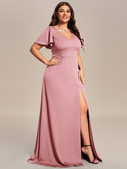 Classical Ruffles Sleeve A-Line Deep V-Neck Front Slit Bridesmaid Dress #color_Dusty Rose