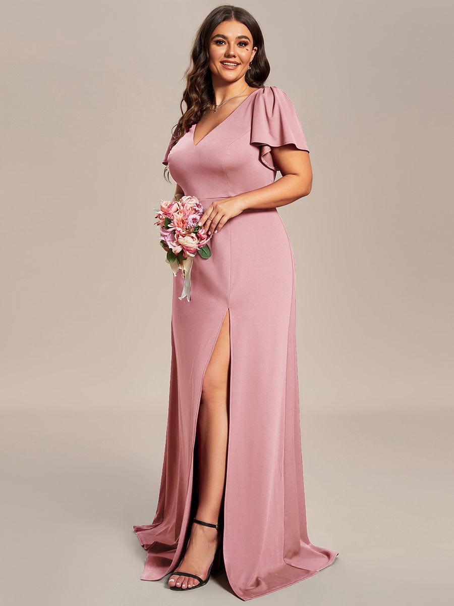 Classical Ruffles Sleeve A-Line Deep V-Neck Front Slit Bridesmaid Dress #color_Dusty Rose