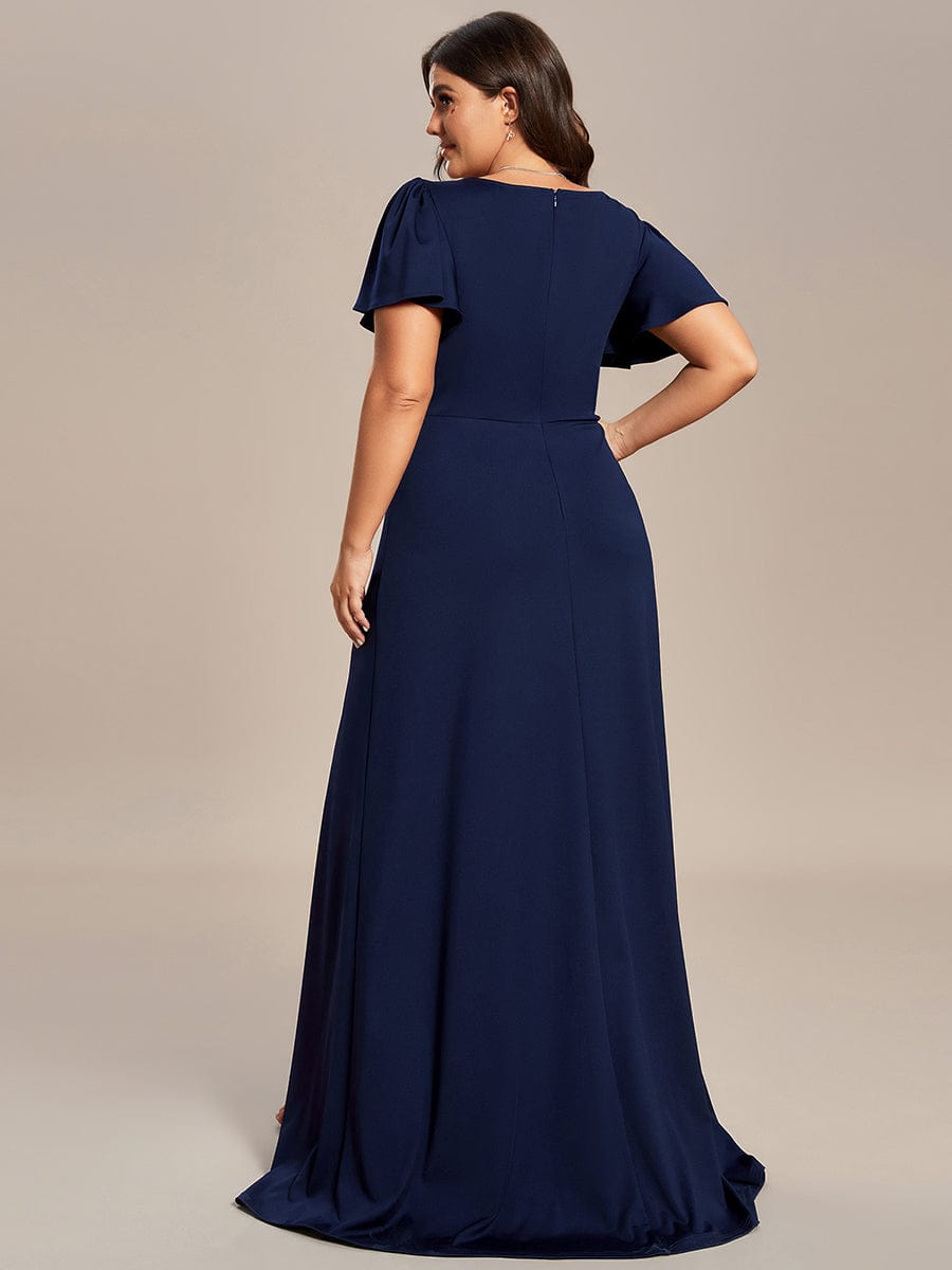 Classical Ruffles Sleeve A-Line Deep V-Neck Front Slit Bridesmaid Dress #color_Navy Blue