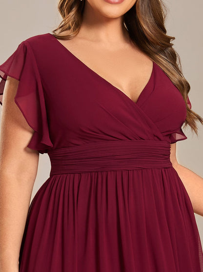 Back Cutout A-Line Pleated Ruffles Sleeve Chiffon Bridesmaid Dress #color_Burgundy