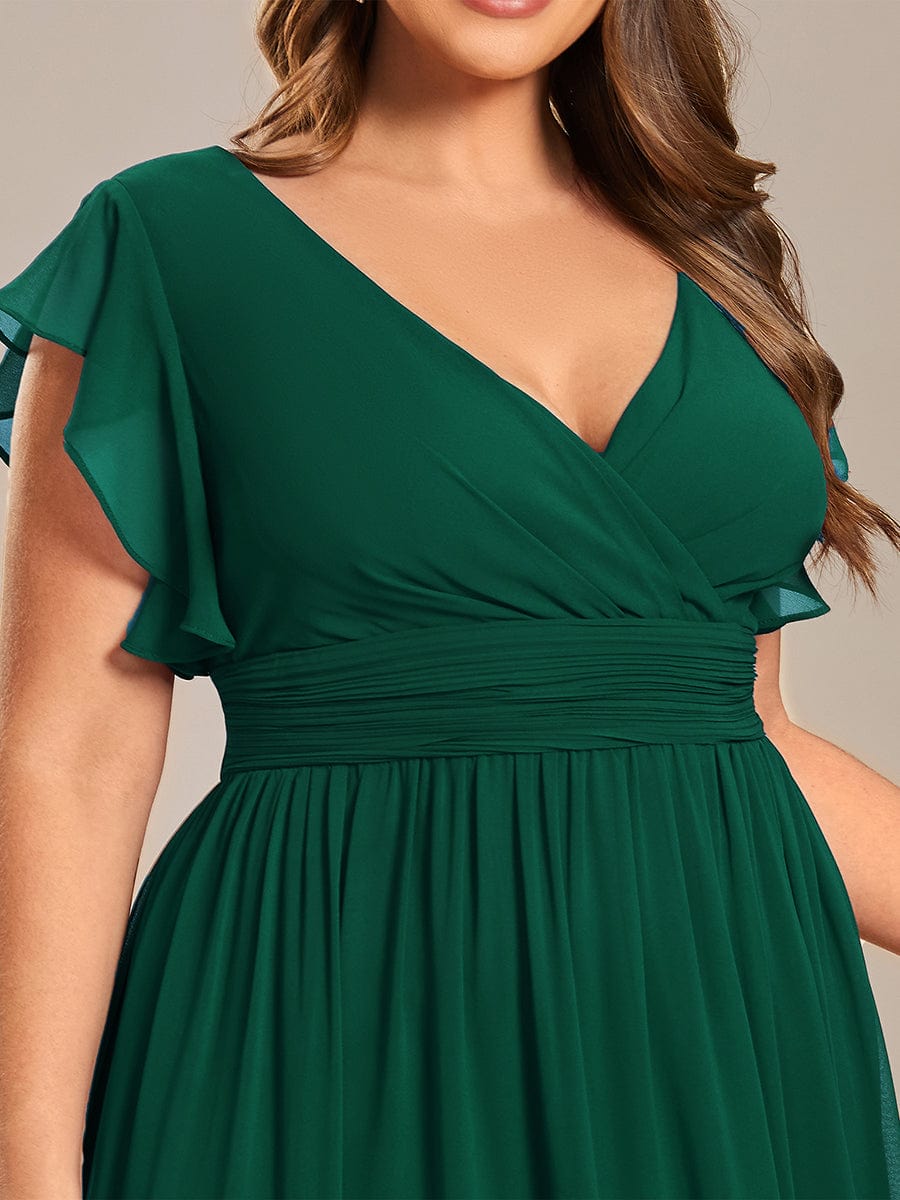 Back Cutout A-Line Pleated Ruffles Sleeve Chiffon Bridesmaid Dress #color_Dark Green