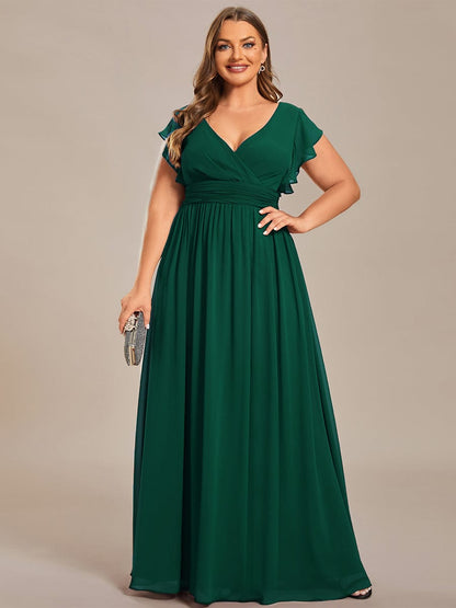 Back Cutout A-Line Pleated Ruffles Sleeve Chiffon Bridesmaid Dress #color_Dark Green