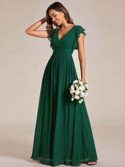 Back Cutout A-Line Pleated Ruffles Sleeve Chiffon Bridesmaid Dress #color_Dark Green